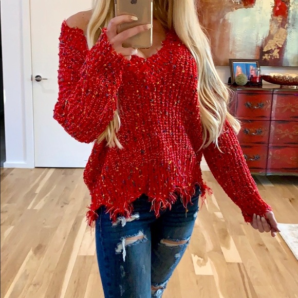 Red V-Neck Distressed Sweater - Picture 7 of 7